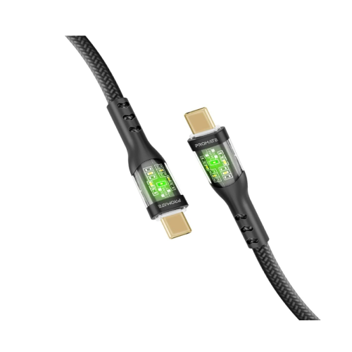 Promate USB-C™ to USB-C™ Cable, Premium 60W Power Delivery Cable with Transparent Shells, 480Mbps Data Sync and 120cm Nylon Braided Cord, TransLine-CC.Black